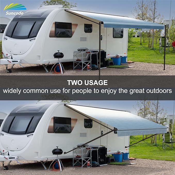 Suncode Manual RV Awning Black Modular Retractable Awning Complete Kit for RV,5th Wheel,Travel Trailers,Toy Haulers,Motorhome RV Trailer Awning for Home or Camper-15x8Ft-Blue Fade