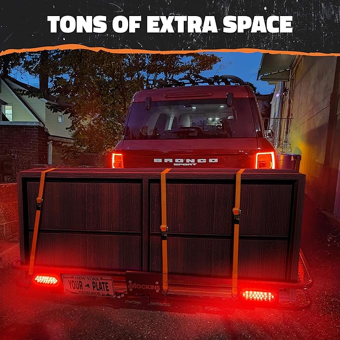 Mockins XXL 72"x36"x6" Folding Trailer Hitch Cargo Carrier w/Rear Lights & License Plate Bracket | Weatherproof Steel Luggage Rack for SUV Car & Truck | 500Lbs. Cap Cargo Hitch Carrier w/Accessories