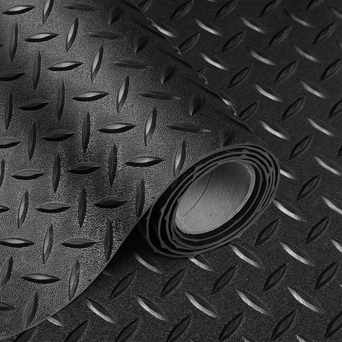 Boshen 5x17FT Garage Floor Mat, 2.5mm Thickened Diamond Plate PVC Rubber & Vinyl Flooring Roll, 85 SQFT Non-Slip Rubber Garage Mat for Floor Under Car Protection - Black