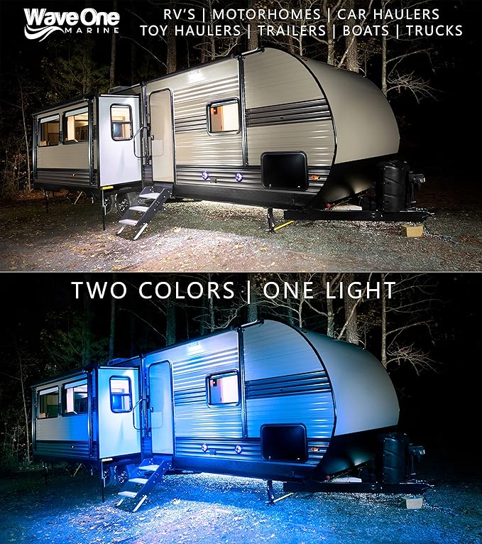 Wave One Marine Dual Color 9" LED Exterior Porch Patio Angle Light | 12v Volt 2400 Lumen Fixture Replacement Lighting RVs Boat Travel Trailer Camper RV Awning Outdoor (Black Housing, White | Blue)