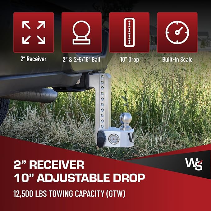 Weigh Safe Aluminum Adjustable Trailer Hitch - Towing Hitch with Built-In Tongue Weight Scale - Compatible with 2" Receivers - 10" Drop, Stainless Steel Tow Balls, 12,500 GTW, 1-Piece Lock Set