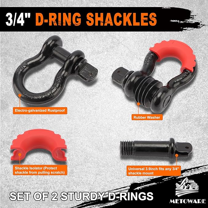 METOWARE Heavy Duty Tow Strap Recovery Kit - 3" x 30ft(35,000lbs) Winch Strap + 3/4" D Ring Shackles(2pcs) +2" Shackle Hitch Receiver + 5/8 Locking Pin + Storage Bag - Truck, SUV, ATV Off Road