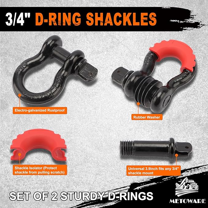 METOWARE Heavy Duty Tow Strap Recovery Kit - 3" x 30ft(35,000lbs) Tree Saver Winch Strap + 3/4" D Ring Shackles(2pcs) +2"Shackle Hitch Receiver + 5/8 Hitch Pin + Storage Bag - Truck, SUV, ATV Off Road
