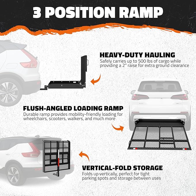 Mockins 40"x40"x4" Square Heavy Duty Trailer Hitch Cargo Carrier with Ramp | 500 Lbs. Cap Weatherproof Steel Scooter Rack for Car, SUV, Truck, Van, RV | Wheelchair Carrier for Car Hitch w/Accessories