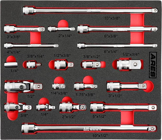 ARES 40003-20-Piece Socket Accessory Set - Premium Chrome Vanadium Steel with Mirror Finish - Includes Socket Adapters, Extensions and Universal Joints
