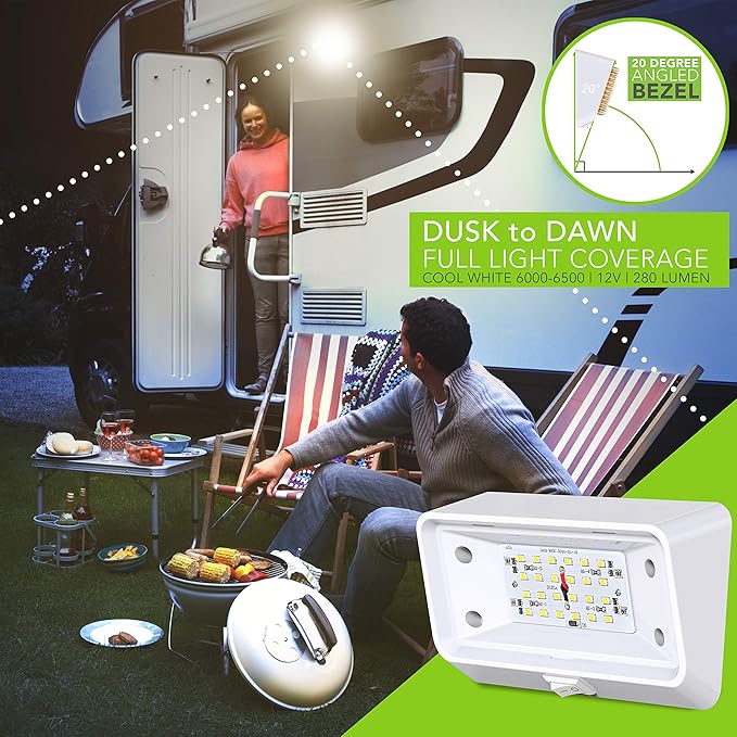 Leisure LED RV Exterior Porch Utility Light with Switch - 12v 280 Lumen Lighting Fixture. Replacement Lighting for RVs, Trailers, Campers, 5th Wheels. White Base, Clear and Amber Lens (White, 2-Pack)