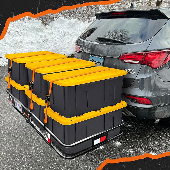 Mockins XXL 70"x30"x6" Folding Trailer Hitch Cargo Carrier | 500 Lbs. Cap Cargo Hitch Carrier Rack | Weatherproof Steel Luggage Rack for SUV, Car & Truck w/License Plate Holder, Stabilizer, & Straps