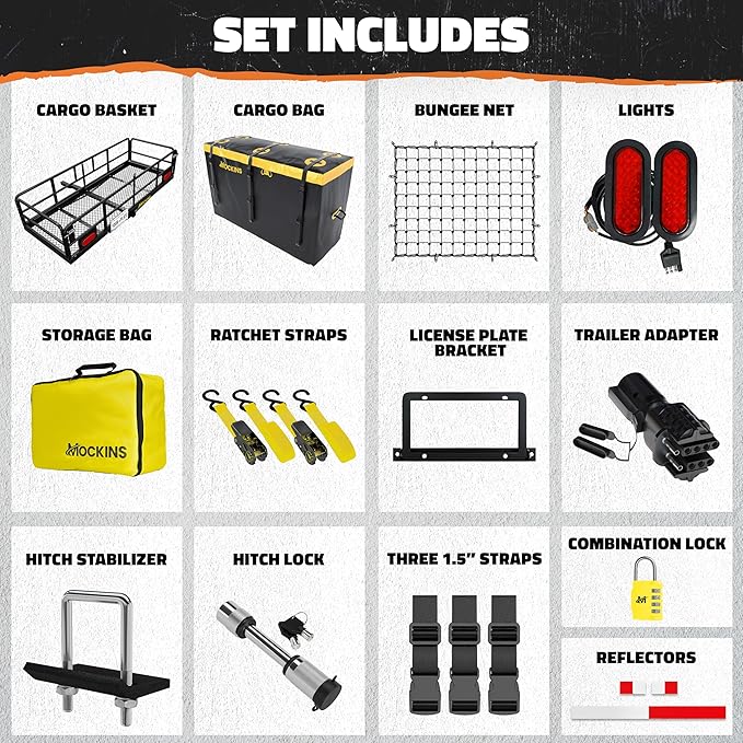 Mockins 60"x24"x14" High Rail Folding Car Trailer Hitch Cargo Carrier w/Rear Lights, Plate Bracket & 30 CuFt Waterproof Cargo Bag for Hitch Carrier | 500Lbs Capacity Luggage Rack for SUV Car Truck RV