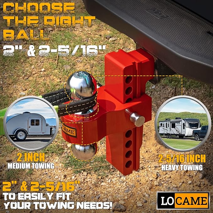 LOCAME Adjustable Trailer Hitch, Fits 2.5-Inch Receiver Only, 8-Inch Drop/Rise Aluminum Drop Hitch,18,500 LBS GTW-Tow Hitch for Heavy Duty Truck with Double Stainless Steel Locks, Red, LC0015