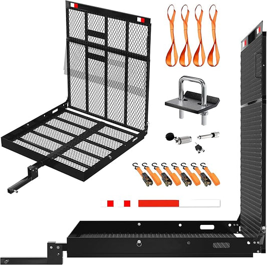 Mockins 40"x40"x4" Square Heavy Duty Trailer Hitch Cargo Carrier with Ramp | 500 Lbs. Cap Weatherproof Steel Scooter Rack for Car, SUV, Truck, Van, RV | Wheelchair Carrier for Car Hitch w/Accessories
