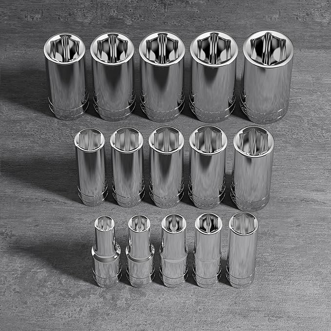 Olsa Tools SAE Deep Socket Set - 1/2-Inch Drive, 18pc - 6-Point Chrome Sockets from 3/8" to 1-1/4" and No Skipped Sizes - Mechanic Deep SAE Socket Set - Professional Grade Long Sockets - Part: 1319