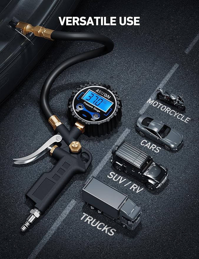 AstroAI Digital Tire Pressure Gauge with Inflator, 3-250 PSI Air Chuck & Compressor Accessories Heavy Duty with Quick Connect Coupler, 0.1 Display Resolution, 1pack
