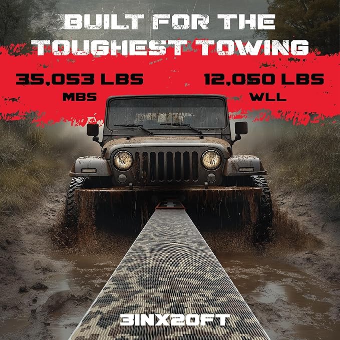 GearAmerica Heavy Duty 3"x20' Tow & Winch Strap - 35,053lbs Tree Saver, Break Strength Recovery Rope for Offroad & Towing - Weather Resistant, Triple Reinforced Loops (Camo) - Tow Strap