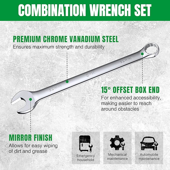 SK Combination Wrench Set, SAE 1/4" to 1-1/4", Metric 6 to 32mm, 42-Piece, SuperKrome Finish, Premium CR-V Construction, with Rolling Pouch