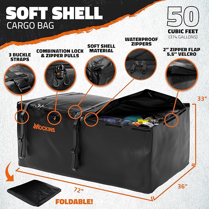 Mockins XXL 72"x36"x6" Folding Trailer Hitch Cargo Carrier w/ 50 CuFt Waterproof Cargo Bag for Hitch Carrier | 500 Lbs Cap Luggage Rack for SUV Car & Truck w/Rear Lights, License Plate Holder & More