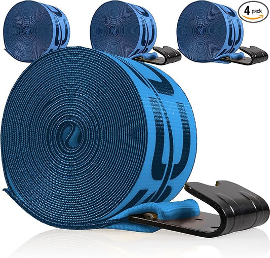 US Cargo Control Winch Straps 4" x 30' (4-Pack), 5,400 LBS Working Load Limit, Heavy Duty Flatbed Tie Downs with Flat Hooks, Blue 4 Inch Straps for Flatbed Trailer, Truck, and Cargo Securement