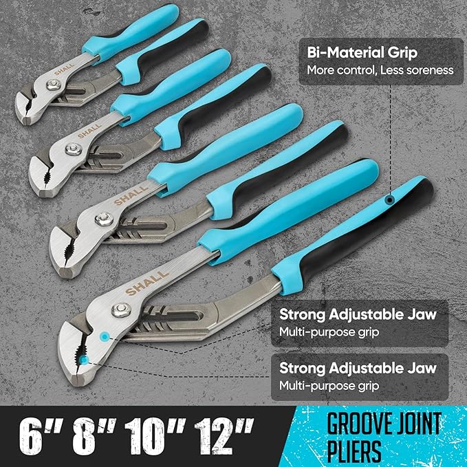 SHALL 8-Piece Adjustable Wrench & Water Pump Pliers Set, 12/10/8/6 Inch, 4Pcs Adjustable Tongue and Groove Joint Pliers and 4Pcs Wide Jaw Forged Steel Wrench for Plumbing, Gripping, Auto Home Repair
