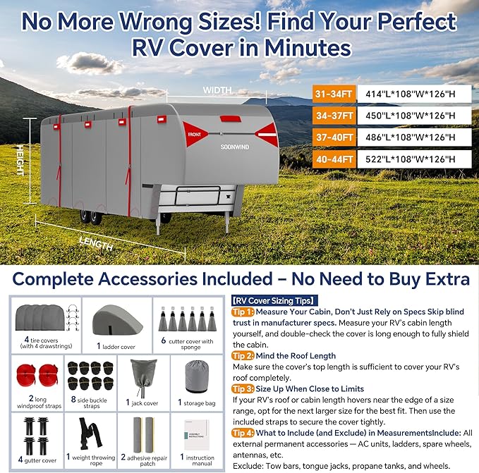 Heavy Duty 7 Layers 5th Wheel RV Cover, Camper Cover & Travel Trailer Cover 34-37ft, Waterproof Windproof All-Weather Protection with Gutter & Tongue Jack Covers Reinforced Straps - Red