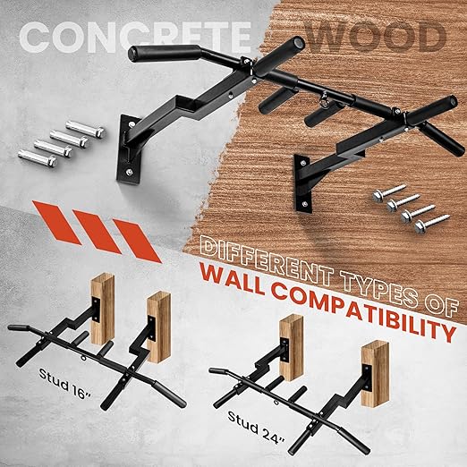 Yes4All Multi-Grip Wall Mount Pull-Up Bar, 16 Inches & 24 Inches Reversible Stud and Wall Compatibility Mounted Pull Up Bar Design, Solid Construction Strength Training