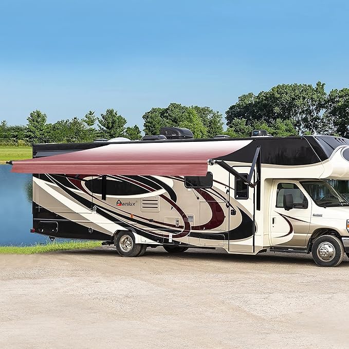 Awnlux Black Motorized Modular Retractable RV Awning Full Set Assemblies for RV, 5th Wheel, Travel Trailers, Toy Haulers, and Motorhome - RV Trailer Awning for Home or Camper - 18x8 Ft - Burgundy Fade