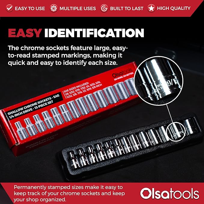 Olsa Tools SAE Shallow Socket Set - 1/4-Inch Drive, 13pc - 6-Point Chrome Sockets 1/8" to 5/8" and No Skipped Sizes - Mechanic Shallow SAE Socket Set - Professional Grade Short Sockets - Part: 1330