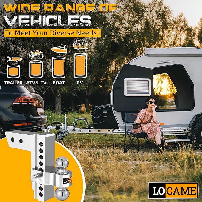 LOCAME Adjustable Trailer Hitch, Fits 2.5-Inch Receiver Only, 8-Inch Drop/Rise Aluminum Drop Hitch, 18,500 LBS GTW-Tow Hitch for Heavy Duty Truck with Double Stainless Steel Locks, Silver, LC0008