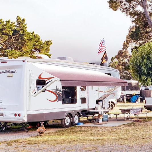 Awnlux White Motorized Modular Retractable RV Awning Full Set Assemblies for RV, 5th Wheel, Travel Trailers, Toy Haulers, and Motorhome - RV Trailer Awning for Home or Camper - 11x8 Ft - Burgundy Fade