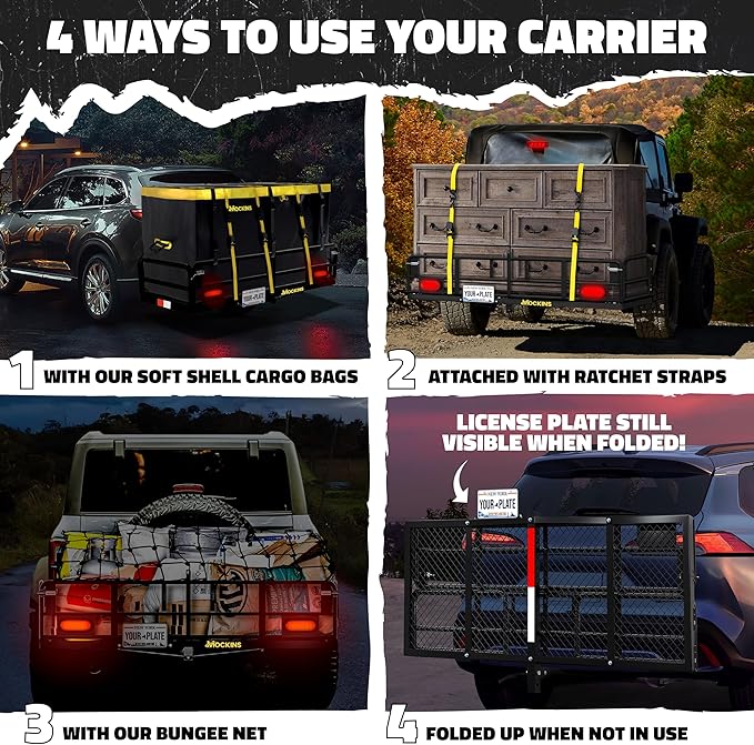 Mockins 60"x24"x14" High Rail Folding Car Trailer Hitch Cargo Carrier w/Rear Lights, Plate Bracket & 30 CuFt Waterproof Cargo Bag for Hitch Carrier | 500Lbs Capacity Luggage Rack for SUV Car Truck RV
