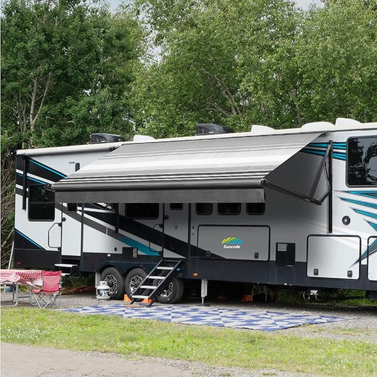 Suncode Black Motorized RV Awning Modular Retractable RV Awning Complete Kit for RV,5th Wheel,Travel Trailers,Toy Haulers,and Motorhome RV Trailer Awning for Home or Camper-Black Strip-15x8Ft