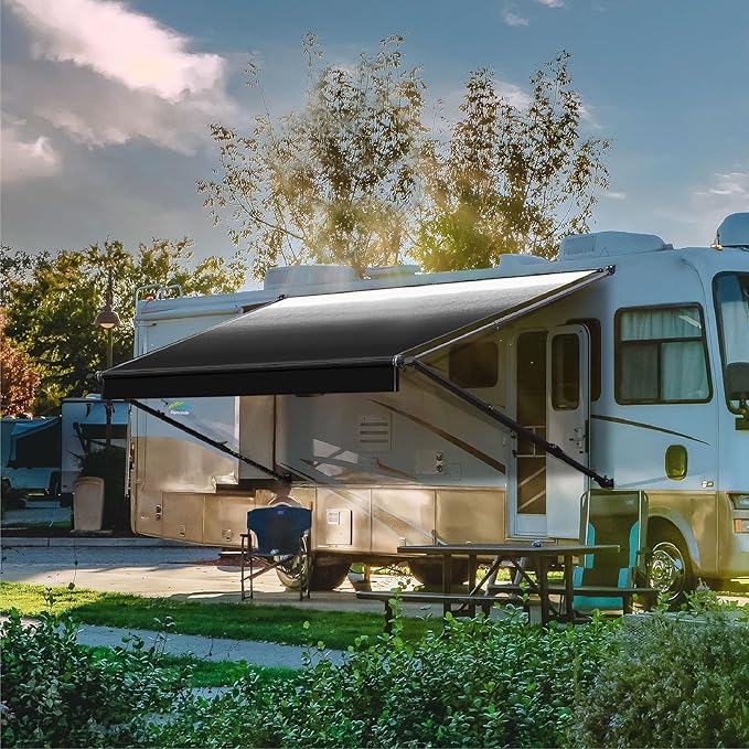 Suncode Manual RV Awning Black Modular Retractable Awning Complete Kit for RV,5th Wheel,Travel Trailers,Toy Haulers,Motorhome RV Trailer Awning for Home or Camper-16x8Ft-Black Fade