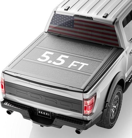 Low Profile Tonneau Cover Truck Bed for Ford F150 5.5 ft (67.1") 2015-2025, FRP Truck Bed Cover Locking Drill-Free Install Heavy Duty Aluminum Hard Folding Waterproof Fiberglass Anti-Theft 5.5ft