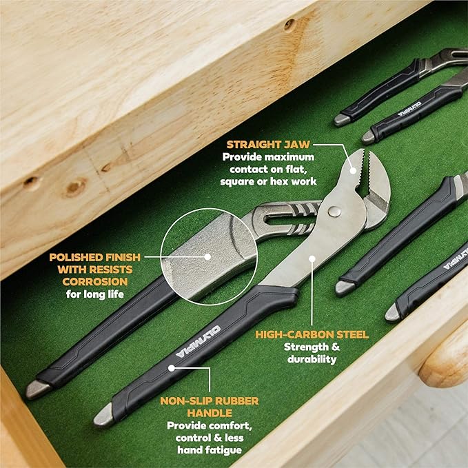 Olympia Tools Tongue and Groove Pliers, Straight Jaw Pliers with Cushion grip, 5 Jaw positions, 1.7" Jaw Capacity, Water pump plier (8-Inch)