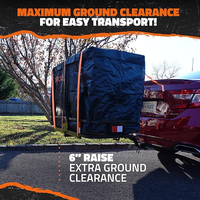 Mockins 6" Raised Shank Folding Luggage Rack 48"x20"x6" & 15 Cu Ft Waterproof Cargo Bag | Heavy-Duty 500 Lbs. Capacity Trailer Hitch Cargo Carrier for SUV Car Truck ATV & More w/Accessories