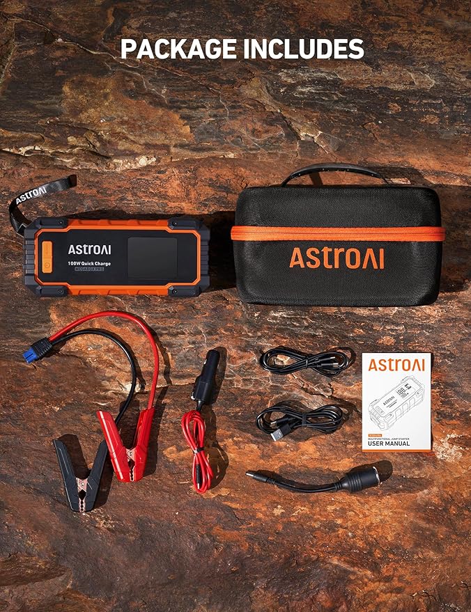 AstroAI Car Battery Jump Starter 6000A Peak 27000 mAh Portable Charger and Jumper Cables for All Gas/12.0L Diesel Lithium Car Jump Starter Battery Pack Cables, 100W Fast Charging