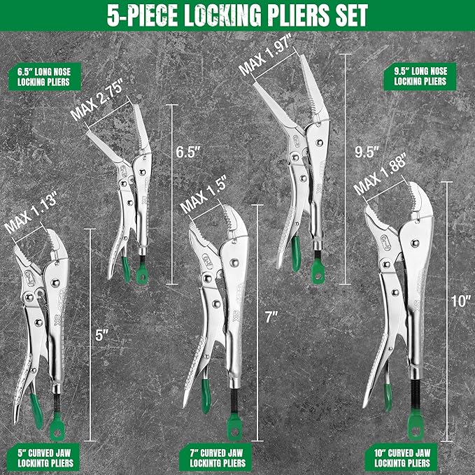 SK 5-Piece Locking Pliers Set, Long Nose & Curved Jaw Locking Pliers, Premium CR-V Construction, Ergonomic Anti-slip Handle, Ideal for Welding or Assembly, with Rolling Pouch