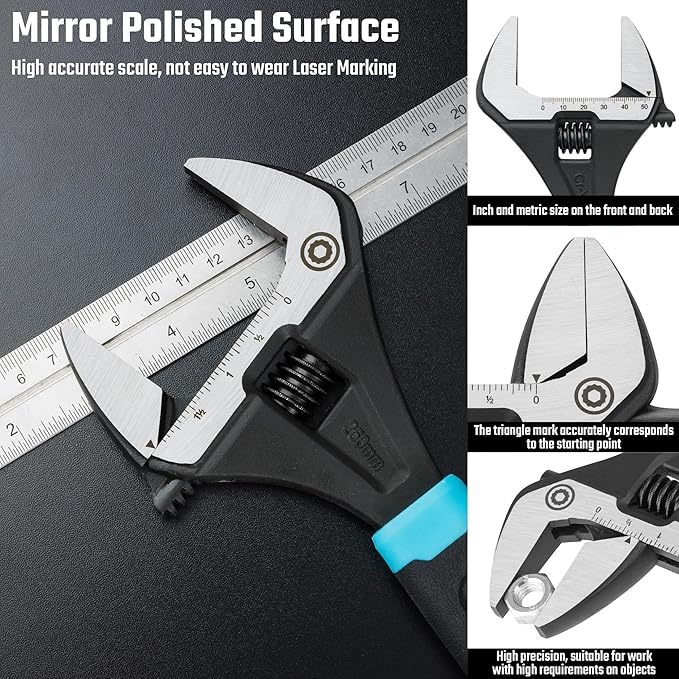 DURATECH 10-Inch Adjustable Wrench, Wide Jaw Opening Plumbing Wrench, CR-V Steel, SAE and Metric Scale Marked, Ergonomic Grip