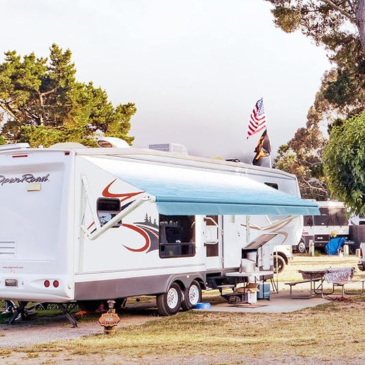 Awnlux White Motorized Modular Retractable RV Awning Full Set Assemblies for RV, 5th Wheel, Travel Trailers, Toy Haulers, and Motorhome - RV Trailer Awning for Home or Camper - 19x8 Ft - Ocean Blue