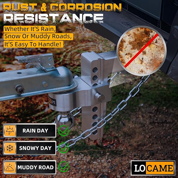 LOCAME Adjustable Trailer Hitch, Fits 2-Inch Receiver, 8-Inch Drop/Rise Aluminum Drop Hitch, 12,500 LBS GTW-Tow Hitch for Heavy Duty Truck with Double Stainless Steel Locks, Silver, LC0004