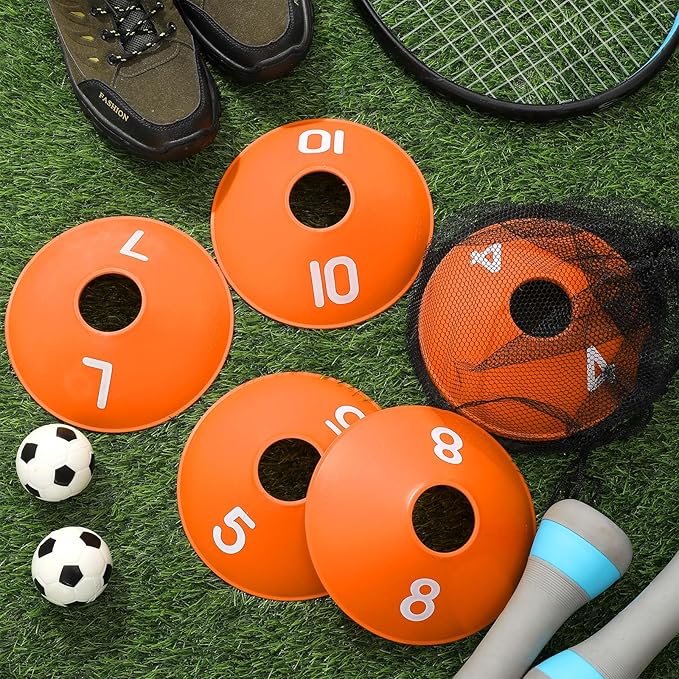 10 Pcs Numbered Sports Disc Cones 1-10 Soccer Cones with Mesh Carry Bag Flexible Agility Cones Soft Field Cones for Gym PE Classes School Activities Games, Sports Training Equipment