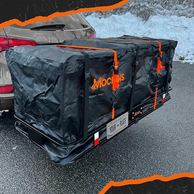 Mockins XXL 70"x30"x6" Folding Trailer Hitch Cargo Carrier | 500 Lbs. Cap Cargo Hitch Carrier Rack | Weatherproof Steel Luggage Rack for SUV, Car & Truck w/License Plate Holder, Stabilizer, & Straps
