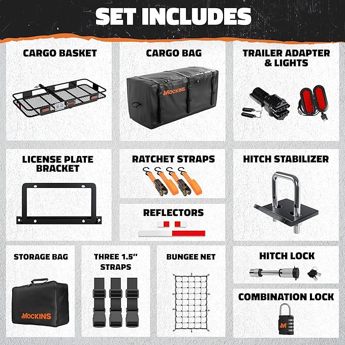 Mockins 60"x20"x6" Heavy Duty Trailer Hitch Cargo Carrier w/ 20 CuFt Waterproof Cargo Bag | 500 Lbs Cap All-Weather Folding Luggage Rack for SUV Car & Truck w/Rear Lights, License Plate Holder & More