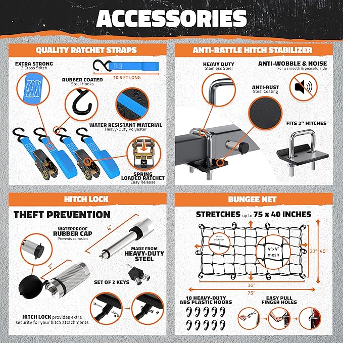 Mockins 60"x24"x6" Folding Trailer Hitch Cargo Carrier w/ 25 CuFt. Soft Vinyl Waterproof Cargo Bag for Hitch Carrier | 500 Lbs. Capacity Set w/License Plate Holder, Stabilizer, Locks, Straps, & Net