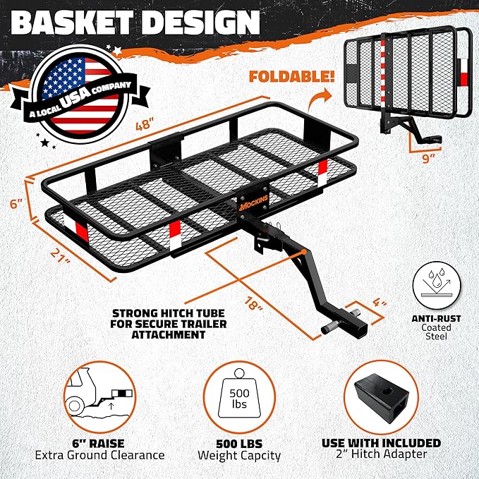 Mockins 6" Raised Shank Folding Luggage Rack 48"x20"x6" & 15 Cu Ft Waterproof Cargo Bag | Heavy-Duty 500 Lbs. Capacity Trailer Hitch Cargo Carrier for SUV Car Truck ATV & More w/Accessories