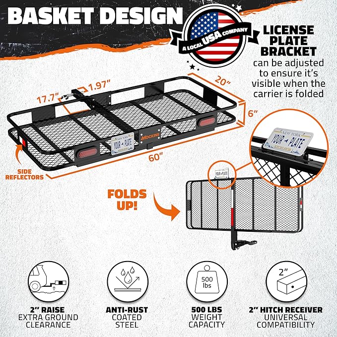 Mockins 60"x20"x6" Heavy Duty Trailer Hitch Cargo Carrier w/License Plate Holder, Rear Lights, & More | 500 Lbs Cap Cargo Carrier Hitch Mount Basket | Folding Luggage Rack for SUV, Car, Truck, & RV