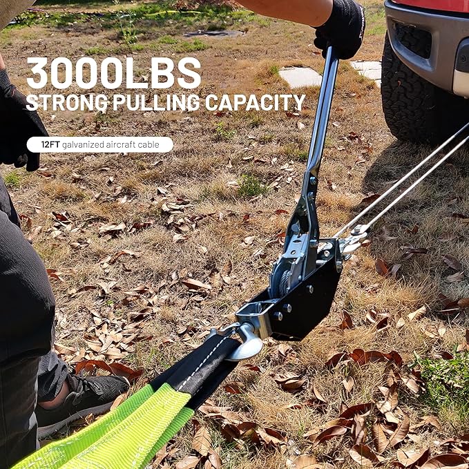 POLESTAR Come Along Winch, 3000 lbs Pull Capacity, 12 ft Steel Cable Hand Winch with 2 Hooks, Heavy Duty Dual Ratchet Cable Winch Puller, Automotive Towing Hoist Puller for Recovery, Moving, Securing