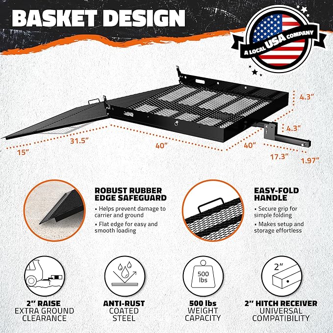 Mockins 40"x40"x4" Square Heavy Duty Trailer Hitch Cargo Carrier with Ramp | 500 Lbs. Cap Weatherproof Steel Scooter Rack for Car, SUV, Truck, Van, RV | Wheelchair Carrier for Car Hitch w/Accessories