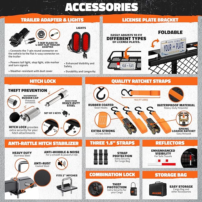 Mockins XXL 72"x36"x6" Folding Trailer Hitch Cargo Carrier w/ 50 CuFt Waterproof Cargo Bag for Hitch Carrier | 500 Lbs Cap Luggage Rack for SUV Car & Truck w/Rear Lights, License Plate Holder & More