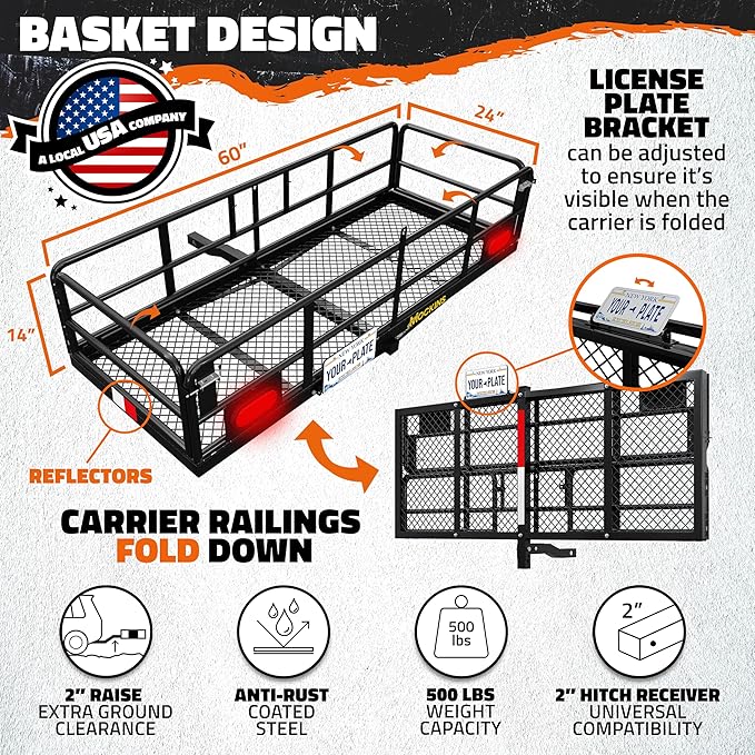 Mockins 60"x24"x14" High Rail Folding Car Trailer Hitch Cargo Carrier w/Rear Lights, Plate Bracket & 30 CuFt Waterproof Cargo Bag for Hitch Carrier | 500Lbs Capacity Luggage Rack for SUV Car Truck RV