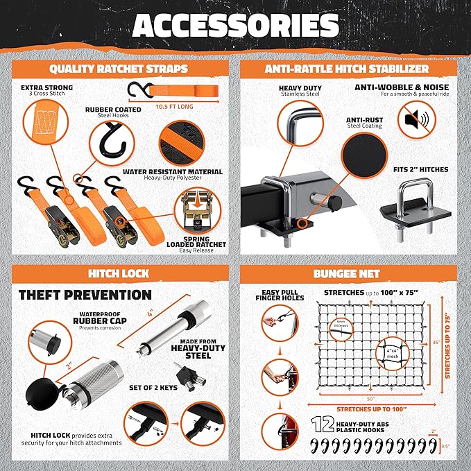Mockins 60"x24"x14" High Rail Car Trailer Hitch Cargo Carrier w/Plate Bracket | 500 Lbs. Capacity Folding Luggage Rack for SUV, Car & Truck | 2" Receiver Hitch Cargo Rack w/Stabilizer, Straps, & Net