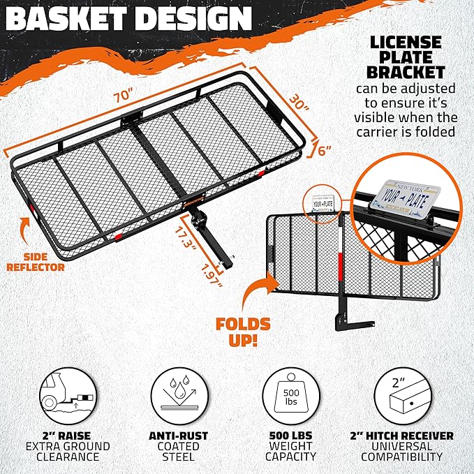 Mockins XXL 70"x30"x6" Folding Trailer Hitch Cargo Carrier | 500 Lbs. Cap Cargo Hitch Carrier Rack | Weatherproof Steel Luggage Rack for SUV, Car & Truck w/License Plate Holder, Stabilizer, & Straps